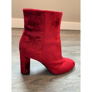 Saint Laurent Red Velvet Loulou Block Heel Ankle Booties, Size 37.5 | 7.5